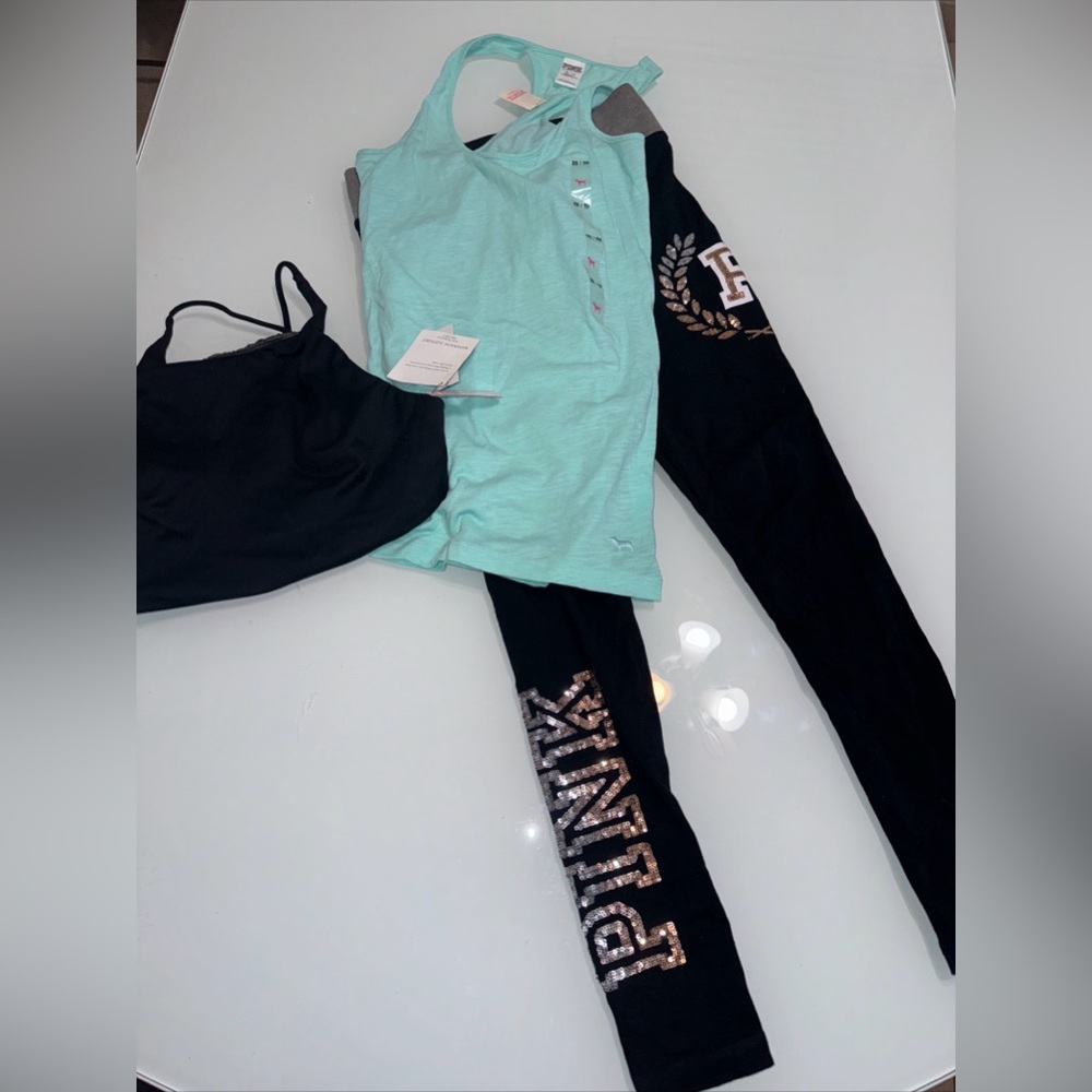 Victorias Secret Pink Vsx Black Blue Tank Glitter Pants Bra XS New S6